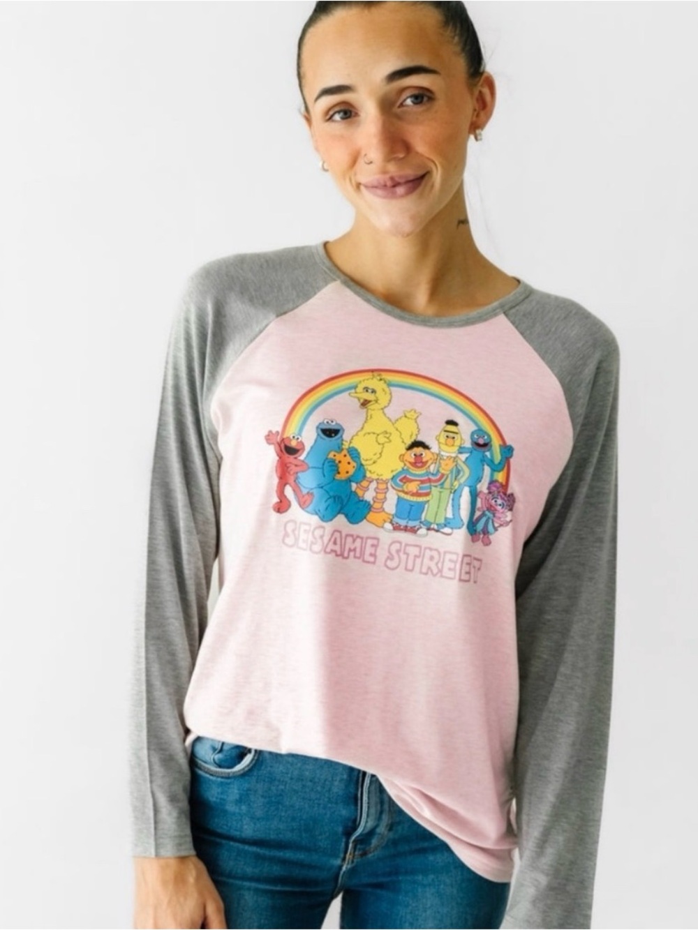 Little Sleepies Pink and Gray Sesame Street Raglan Long Sleeve Tee